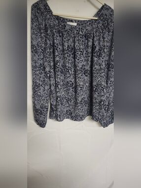 Womens Navy Floral Smocked Yoke Blouse